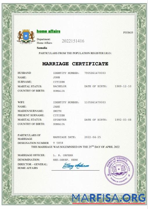Downloadable Somalia marriage certificate Word and PDF template